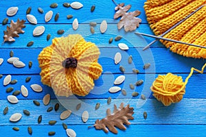Autumn. Yellow knitted pumpkin, pumpkin seeds, autumn leaves and unfinnished knitting on blue rustic table