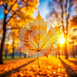 Autumn yellow leaf closeup. Bright orange tree change. Blur bokeh on background. Golden color in park Light sunny warm october day photo