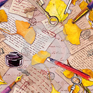 Autumn yellow leaves, old paper, letters, hand written notes and vintage keys, pen, pencil, ink bottle. Seamless pattern