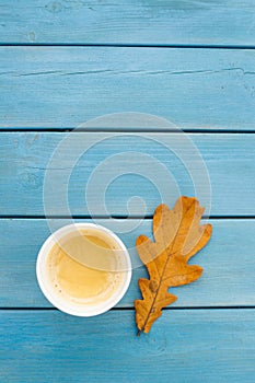 an autumn yellow oak leaf in a paper cup stands on the table on a blue background