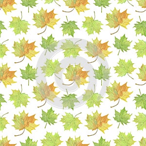 Autumn yellow, orange and green maple leaves seamless pattern watercolor illustration, simple seasonal repeat ornament