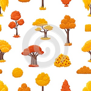 Autumn yellow red tree and bush print. Seasonal nature elements, bright fall forest seamless pattern. Vector background