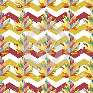 Autumn zig-zag pattern with colorful maple leaf