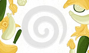 Autumn zucchini border vector cartoon illustration. Courgette with flowers horizontal banner.