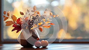 Autumnal Arrangement with Geometric Vase and Apples