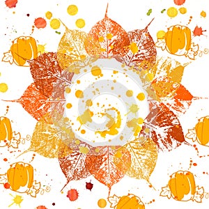 Autumnal background with leaves, pumpkins and watercolor splashes in grunge style