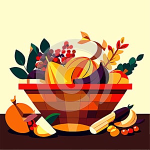 Autumnal basket with fruits and vegetables. Vector illustration in flat style Generative AI