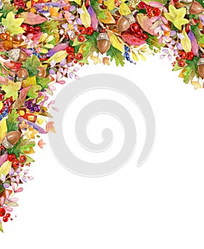 Autumnal colorful leaves border,  isolated on white.  Watercolor illustration
