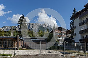 Autumnal corso Italia, the residential district in the town Cortina d`Ampezzo with mountain, Dolomite, Alps, Veneto