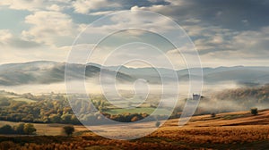 Autumnal countryside with hills on the horizon, blue sky with white clouds and mist.