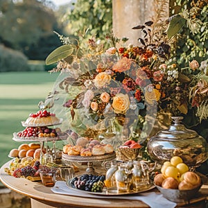 Autumnal dessert buffet table, event food catering for wedding, party and holiday celebration, cakes, sweets and