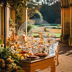 Autumnal dessert buffet table, event food catering for wedding, party and holiday celebration, cakes, sweets and desserts in