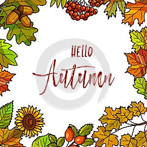 Autumnal or fall round frame background. Wreath of autumn leaves