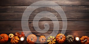 Harvest Theme Flat Lay: Pumpkins & Candles on Rustic Table photo