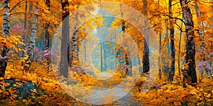 Autumnal Forest Path Vibrant Fall Colors and Serene Woodscape