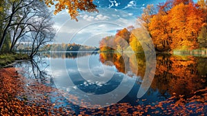 Autumnal Forest Reflections in Serene Lake. Resplendent.