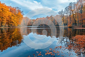 Autumnal Forest Reflections in Serene Lake. Resplendent.