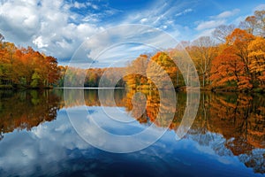 Autumnal Forest Reflections in Serene Lake. Resplendent.