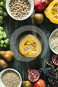 Autumnal fruit and food background