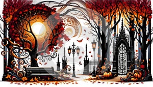 Autumnal Gothic Park with Halloween Decorations