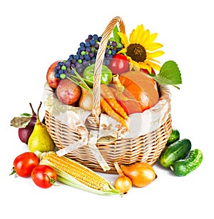 Autumnal harvest vegetables and fruits in basket