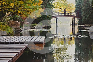 Autumnal japanese garden in a european city, wooden bridge and wooden platform, place for relax