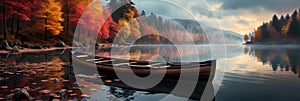 Autumnal Lake Shore With Colorful Rowboats And Reflections