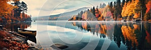 Autumnal Lake Shore With Colorful Rowboats And Reflections