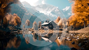 Autumnal landscape with old house in beautiful forest with a lake and mountains .AI generated