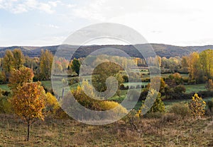 Autumnal meadows and groves landscape with low hills in the background