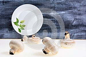 Autumnal Mushrooms with white background and gray wooden table and empty dish