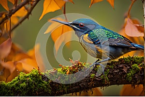 Autumnal Perch: Sapsucker on Gnarled Tree Branch with Moss Accents