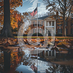 Autumnal reflections of an american flag and building