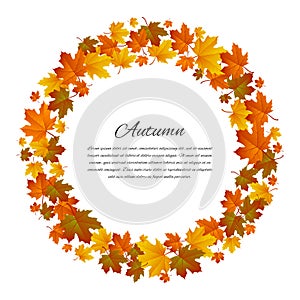 Autumnal round frame. Background with maple autumn leaves. Vector