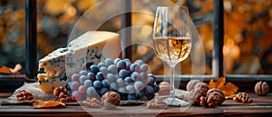 An autumnal scene is shown with white wine and camembert, blue and camembert cheese, walnuts, grapes and sackcloth