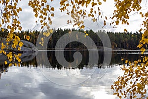 Autumnal scenery in Finland at the lake.