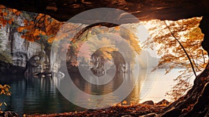 Autumnal Scenic Lake And Cave: A Sana Takeda Inspired Masterpiece