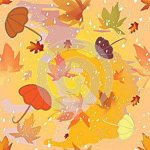 Autumnal seamless pattern with umbrellas,leafs,sleet on grunge stained background