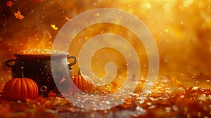 Autumnal Still Life with Orange Pumpkins and Rustic Pot on a Leaf Covered Surface with Warm Golden Bokeh Background