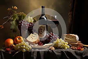 Autumnal Still Life: Wine, Cheese, and Fruits