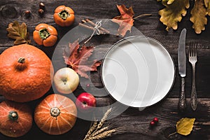 Autumnal table setting for Thanksgiving dinner or Halloween photo