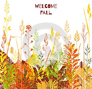 Autumnal template. Print leaves and hand drawn plants card
