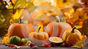 Autumnal Thanksgiving background with pumpkins, fruits, flowers