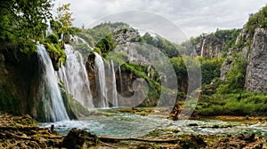 Autumnal view of beautiful waterfalls in Plitvice Lakes National Park