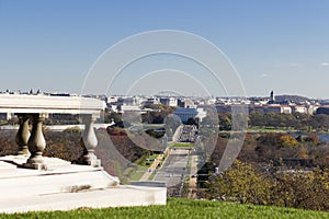 Autumnal view eastwards towards the Lincoln Memorial from the Tomb of Pierre L`Enfant at Arlington National Cemetery