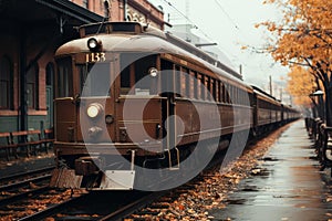 Autumnal vintage train station steam locomotive, nostalgic art, falling leaves serene ambiance