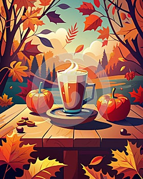 Autumnal Warmth: Cozy Coffee and Apples Amidst Fall Foliage photo