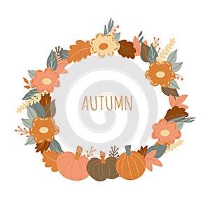 Autumnal wreath round frame with colorful leaves, pumpkins, flowers and herbs. Autumn laurel fall design. Limited palette. Hand