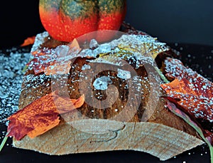 Autumnally decorated ice crystals with pumpkin,snow and autumn foliage