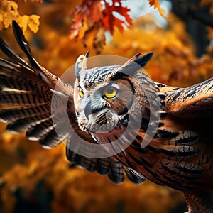 Autumns aerial guardian Majestic owl soars through vibrant foliage